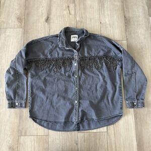 ZARA‎ Black Denim Fringe Jean Jacket Women's Oversized Western Style Size Medium